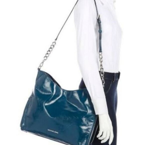 MICHAEL KORS DEVON TEAL LUX SILVER CALF LEATHER LARGE SHOULDER TOTE BAG NWT! - Picture 7 of 8